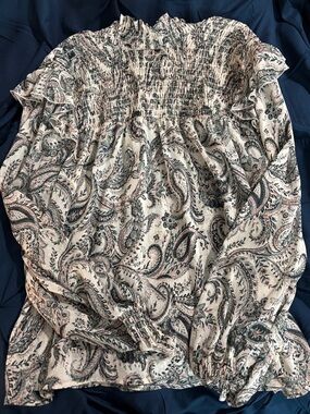 Smocked Paisley Long-Sleeve Blouse - Cream with Pink & Black